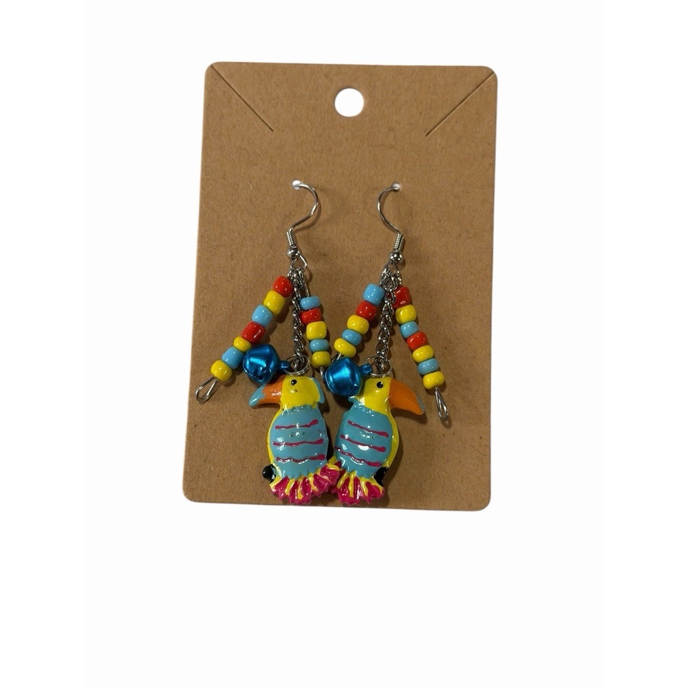 Colorful Toucan Bird Dangle Earrings Tropical Beaded Enamel Novelty Jewelry